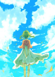 Rule 34 | 1girl, cloud, day, dress, female focus, from behind, green hair, gumi, highres, leaf, outdoors, short hair, sky, solo, vient, vocaloid, white dress, wind