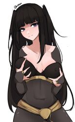 Rule 34 | 1girl, black hair, bodysuit, breasts, cleavage, covered erect nipples, fire emblem, fire emblem awakening, grabbing own breast, highres, large breasts, long hair, nintendo, purple eyes, serafineart1001, tharja (fire emblem), twintails, white background