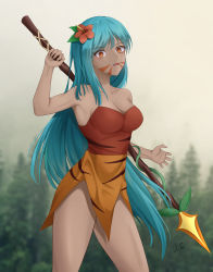Rule 34 | 1girl, absurdres, aqua hair, blurry, blurry background, breasts, collarbone, cookie run, dress, eyebrows, facepaint, fang, flower, hair flower, hair ornament, highres, holding, holding polearm, holding spear, holding weapon, j.e, long hair, looking at viewer, medium breasts, orange dress, orange eyes, outdoors, parted lips, polearm, short dress, slit pupils, solo, spear, strapless, strapless dress, tiger lily cookie, tree, very long hair, weapon