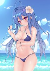 Rule 34 | 1girl, absurdres, azur lane, bikini, blue hair, blush, breasts, cleavage, commentary request, cowboy shot, curly hair, day, flower, groin, hair between eyes, hair flower, hair ornament, hand up, helena (azur lane), helena (shimmering triangle wave) (azur lane), highres, long hair, looking at viewer, medium breasts, navel, ocean, open mouth, outdoors, parted lips, purple eyes, solo, staring, swimsuit, two-tone bikini, very long hair, white flower, yanmaa (yanmar195)