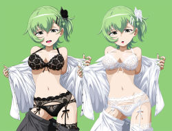 Rule 34 | 10s, 2girls, aoki hagane no arpeggio, bad id, bad pixiv id, bra, breasts, cleavage, dress shirt, dual persona, garter belt, garter straps, green eyes, green hair, kamo 3, looking at viewer, multiple girls, nachi (aoki hagane no arpeggio), navel, one side up, open clothes, open mouth, panties, shirt, short hair, side ponytail, smile, underwear, undressing