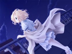 Rule 34 | animal ears, blanket, blonde hair, blue eyes, cityscape, cloud, dress, looking up, night, night sky, pure pure, railing, ribbon, rooftop, sachi (pure pure), sky, white dress