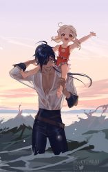 Rule 34 | 1boy, 1girl, :d, arm up, blonde hair, blue eyes, blue hair, child, dark blue hair, eyepatch, genshin impact, highres, kaeya (genshin impact), klee (genshin impact), lu luu99, on shoulder, open mouth, pants, pointy ears, red eyes, sky, smile, sunset, wading, water, waves, wet, wet clothes