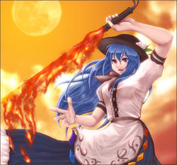 Rule 34 | 1girl, bad hands, blue hair, cloud, dress, female focus, flaming sword, flaming weapon, food, food-themed clothes, fruit, full moon, hat, hinanawi tenshi, imo whitemilk, long hair, moon, orange eyes, peach, solo, sword, sword of hisou, touhou, very long hair, weapon