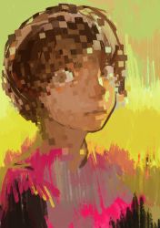 Rule 34 | 1girl, abstract, absurdres, brown eyes, brown hair, brown pupils, closed mouth, glitch, hakusaku, highres, looking at viewer, original, painterly, portrait, sketch, solo, upper body