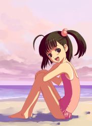 Rule 34 | 1girl, barefoot, beach, brown hair, child, female focus, frilled swimsuit, frills, full body, hair bobbles, hair ornament, natori (natorism), one-piece swimsuit, original, outdoors, sitting, sky, solo, swimsuit, twintails