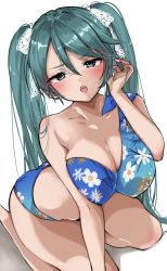 Rule 34 | 1girl, aqua eyes, aqua hair, bikini, blue bikini, blush, breasts, breasts squeezed together, chigasaki yukari, cleavage, commentary request, floral print, hair behind ear, hair between eyes, hair ribbon, highres, isuzu (kancolle), kantai collection, lace ribbon, large breasts, long hair, looking at viewer, official alternate costume, parted lips, ribbon, simple background, single-shoulder bikini, sitting, solo, swimsuit, twintails, very long hair, white background, white ribbon