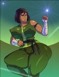 Rule 34 | 1girl, avatar: the last airbender, avatar legends, bandaged arm, bandages, bare shoulders, belt, blue eyes, breasts, brown hair, dark-skinned female, dark skin, female focus, green shirt, hair between eyes, highres, korra, large breasts, lips, looking to the side, parted lips, puffy areolae, shirt, short hair, sleeveless, sleeveless shirt, solo, the legend of korra, thick thighs, thighs, wide hips