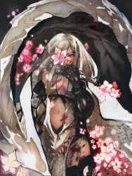 Rule 34 | 1girl, blood, blood on breasts, blood on clothes, blood on face, breasts, cleavage, dark-skinned female, dark skin, drag-on dragoon, drag-on dragoon 3, flower, flower eyepatch, flower over eye, gauntlets, highres, kohiu, long hair, looking at viewer, navel, red eyes, small breasts, solo, white hair, zero (drag-on dragoon)