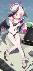 Rule 34 | 1girl, absurdres, beach, bikini, black bikini, black bow, black wings, blue archive, blush, book, bow, collarbone, commentary, eucha, floral print, hair bow, halo, head wings, highres, holding, holding book, koharu (blue archive), koharu (swimsuit) (blue archive), medium hair, ocean, official alternate costume, open mouth, pink eyes, pink hair, pink halo, print bikini, sand, sandals, sitting, smile, solo, swimsuit, tears, toes, twintails, wet, wings
