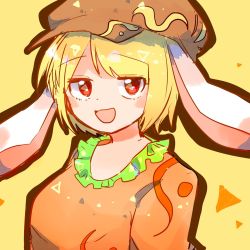 Rule 34 | 1girl, :d, animal ears, blonde hair, blush, breasts, brown hat, brown shirt, cabbie hat, commentary request, floppy ears, hat, highres, jitome, kujikimi, looking at viewer, medium breasts, open mouth, rabbit ears, red eyes, ringo (touhou), shirt, short hair, simple background, smile, solo, touhou, yellow background