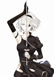 Rule 34 | 1girl, absurdres, android, armlet, bare shoulders, black blindfold, black dress, black gloves, black hairband, black shorts, black tank top, blindfold, blue eyes, breasts, closed mouth, collarbone, dress, dual persona, elbow gloves, gloves, hairband, highres, holding, holding sword, holding weapon, joints, juliet sleeves, katana, left-handed, long sleeves, medium breasts, mole, mole under mouth, nier (series), nier:automata, puffy sleeves, robot joints, shaokao range, short hair, shorts, simple background, solo, split theme, sword, tank top, virtuous contract, weapon, white background, white hair, yorha, a2 (nier:automata)