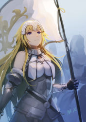 Rule 34 | 1girl, armor, armored dress, banner, blonde hair, blue eyes, breasts, breasts apart, chain, cowboy shot, dress, fate/apocrypha, fate (series), gauntlets, holding, holding weapon, jeanne d&#039;arc (fate), jeanne d&#039;arc (ruler) (fate), jeanne d&#039;arc (third ascension) (fate), large breasts, long hair, looking up, magicxiang, sleeveless, sleeveless dress, solo, standing, very long hair, weapon