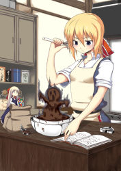 Rule 34 | 1girl, alice margatroid, alternate hairstyle, apron, bad food, bag, blonde hair, blue eyes, book, candy, chocolate, chocolate bar, chocolate making, cooking, cupboard, desk, doll, failure, female focus, food, hair ribbon, heart, indoors, long hair, mixing bowl, paper bag, possessed, ribbon, shanghai doll, short hair, sleeves rolled up, solo, sweatdrop, touhou, uro (urotanc), valentine, whisk
