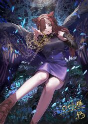 Rule 34 | 1girl, absurdres, animal ears, animal feet, bird legs, bird wings, black sweater, brown hair, brown wings, commission, estelle (cieluscian), falling petals, feathered wings, foot out of frame, grass, hair over one eye, half-harpy, high-waist skirt, highres, long hair, long sleeves, looking at viewer, monster girl, multicolored hair, non-web source, open mouth, original, petals, purple eyes, purple skirt, reaching, reaching towards viewer, second-party source, side slit, skeb commission, skirt, solo, streaked hair, sweater, turtleneck, turtleneck sweater, wings