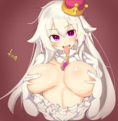 Rule 34 | 1girl, :d, breasts, breasts apart, commentary, covering nipples, covering privates, cropped torso, crown, earrings, elbow gloves, fangs, frills, gloves, hair between eyes, hair flaps, jewelry, kazahari kazuho, large breasts, long hair, looking at viewer, luigi&#039;s mansion, mario (series), new super mario bros. u deluxe, nintendo, open clothes, open mouth, princess king boo, puffy sleeves, purple eyes, red background, simple background, skin fangs, smile, solo, super crown, tongue, tongue out, upper body, white gloves, white hair