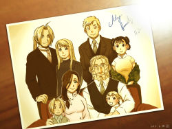 Rule 34 | 4boys, 4girls, ahoge, alphonse elric, brown theme, child, dated, edward elric, family, fullmetal alchemist, good end, may chang, miso (itsuha), multiple boys, multiple girls, photo (object), signature, sitting, spoilers, time paradox, trisha elric, van hohenheim, winry rockbell