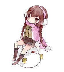 Rule 34 | 1girl, bad id, bad pixiv id, black socks, blush, boots, braid, brown eyes, brown footwear, brown hair, brown skirt, covered mouth, earmuffs, full body, green jacket, jacket, knee boots, kneehighs, looking at viewer, low twintails, original, pink scarf, pleated skirt, pom pom (clothes), scarf, simple background, sitting, skirt, snowman, socks, solo, tsukiyo (skymint), twin braids, twintails, white background