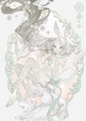 Rule 34 | 1girl, absurdres, animal ears, armlet, bare arms, barefoot, bow, braid, camisole, chinese commentary, circlet, ciroblanc, closed mouth, commentary request, floating hair, flower, full body, green ribbon, grey hair, hair flower, hair ornament, highres, holding, holding ribbon, holding scissors, long hair, looking at viewer, midriff, navel, original, picture frame, rabbit ears, rabbit girl, red eyes, ribbon, scissors, short shorts, shorts, side braid, single braid, smile, solo, toes, very long hair, white background, white bow, white camisole, white flower, white shorts