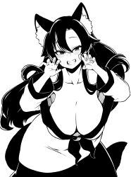 Rule 34 | 1girl, absurdres, animal ear fluff, animal ears, bent over, blush, breasts, claw pose, cleavage, collarbone, cowboy shot, dress, fingernails, greyscale, grin, hair between eyes, highres, himajin noizu, huge breasts, imaizumi kagerou, long hair, looking at viewer, monochrome, sharp fingernails, sidelocks, simple background, smile, solo, tail, touhou, very long hair, wolf ears, wolf tail