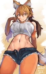 Rule 34 | 1girl, :q, animal ear fluff, animal ears, arm behind back, bare shoulders, blonde hair, breasts, brown hair, cowboy shot, cropped shirt, cutoffs, denim, denim shorts, elbow gloves, extra ears, finger to mouth, from below, gloves, gluteal fold, grey hair, hand up, hibax-fre, highres, kemono friends, pantyhose under shorts, licking lips, long hair, looking at viewer, maned wolf (kemono friends), midriff, multicolored hair, navel, open clothes, open fly, open shorts, pantyhose, shirt, short shorts, shorts, sidelocks, sleeveless, sleeveless shirt, smile, solo, stomach, tail, toned, tongue, tongue out, twintails, unbuttoned, unzipped, wolf ears, wolf girl, wolf tail, yellow eyes, zipper