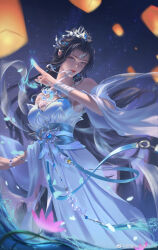 Rule 34 | 1girl, absurdres, bandaged arm, bandages, black hair, blue eyes, bracelet, closed mouth, detached sleeves, earrings, facial mark, forehead mark, fusang buhui huahua, highres, jewelry, lantern, long hair, lu xueqi (zhu xian), mouth hold, necklace, ribbon, ribbon in mouth, sash, second-party source, smile, solo, tiara, upper body, zhu xian