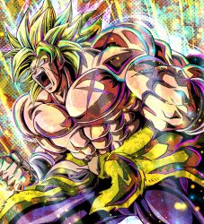 Rule 34 | 1boy, abs, absurdres, angry, biceps, blank eyes, broly (dragon ball super), cape, clenched hands, commentary request, dragon ball, dragon ball super, dragon ball super broly, fur cape, green cape, green hair, halftone, hands up, highres, legendary super saiyan, light rays, long hair, male focus, multicolored background, muscular, muscular male, open mouth, pants, pectorals, purple pants, scar, scar on chest, smile, solo, spiked hair, standing, super saiyan, teeth, tongue, topless male, ushi (akabec0), v-shaped eyebrows, waist cape, wristband