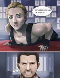 Rule 34 | 1boy, 1girl, 2koma, all you need is kill, blonde hair, blue eyes, breasts, brown eyes, brown hair, cleavage, comic, commentary, downblouse, edge of tomorrow, english text, exaxuxer, eyebrows, fingerless gloves, forehead, gloves, grin, highres, lips, looking at viewer, lying, muscular, no bra, nose, on stomach, overalls, push-ups, rita vrataski, smile, speech bubble, sweat, teeth, tom cruise, william cage