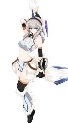 Rule 34 | 1girl, absurdres, aikir (jml5160), alternate costume, arm up, black hairband, black thighhighs, blue eyes, boots, bracer, breasts, cleavage, closed mouth, commentary, dual wielding, elbow gloves, fake horns, full body, fur-trimmed footwear, fur-trimmed skirt, fur trim, girls und panzer, gloves, grey-framed eyewear, grey footwear, grey jacket, hairband, highres, holding, holding weapon, horns, itsumi erika, jacket, kirin (armor), looking at viewer, mace, medium breasts, medium hair, midriff, monster hunter (series), navel, pelvic curtain, silver hair, simple background, single horn, skirt, sleeveless, sleeveless jacket, smile, solo, standing, strapless, thighhighs, tube top, weapon, white background