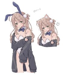 Rule 34 | 1girl, absurdres, alternate costume, anger vein, animal ear fluff, animal ears, artist name, bare shoulders, black jacket, blue bow, blue bowtie, blush, bow, bowtie, cat ears, detached collar, fake animal ears, green eyes, highres, indie virtual youtuber, jacket, leotard, light brown hair, long hair, looking at viewer, multiple views, off shoulder, one side up, playboy bunny, pom pom (clothes), pout, rabbit ears, roku 6, shigure ui (vtuber), simple background, single hair ring, sleeves past wrists, solo, spoken anger vein, strapless, strapless leotard, tearing up, tears, virtual youtuber, white background, white leotard
