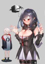 Rule 34 | 2girls, arknights, bare shoulders, bat wings, black hair, black jacket, black thighhighs, blush, breasts, cleavage, closure (arknights), commentary request, cosplay, costume switch, detached sleeves, dress, embarrassed, fang, full-face blush, grey background, hands up, jacket, kirigirisu1221, laevatein (tail), large breasts, long shirt, long sleeves, multiple girls, pointy ears, red eyes, red ribbon, ribbon, ribbon between breasts, shirt, simple background, skin fang, sweatdrop, tail, thigh strap, thighhighs, warfarin (arknights), white dress, white hair, white shirt, wings