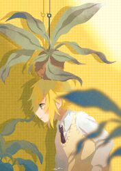 Rule 34 | 1boy, absurdres, blonde hair, blurry, blurry foreground, brown necktie, closed mouth, collared shirt, drop shadow, frown, hanging plant, highres, long sleeves, male focus, necktie, nijisanji, orange background, plant, shirt, short hair, solo, sweater vest, tile wall, tiles, tn kn1000, upper body, uzuki kou, virtual youtuber, white shirt