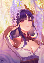 Rule 34 | 1girl, artist logo, blurry, blurry foreground, blush, breasts, bridal gauntlets, center opening, cherry blossoms, cleavage, closed mouth, commentary, day, flower, genshin impact, hair ornament, highres, japanese clothes, kimono, large breasts, lips, long hair, looking at viewer, mitsudomoe (shape), off shoulder, outdoors, petals, purple eyes, purple hair, purple kimono, raiden shogun, sidelocks, smile, solo, takimii, tomoe (symbol), upper body, wide sleeves, wisteria