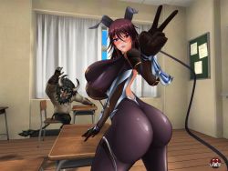Rule 34 | 1boy, 1girl, 3d, action taimanin, akiyama rinko (cosplay), alternate costume, ass, blush, breasts, classroom, cleavage, cosplay, curvy, embarrassed, highres, horns, huge ass, huge breasts, lilith-soft, looking at viewer, looking back, mizuki shiranui, monster boy, official alternate costume, screencap, sitting, skin tight, smile, standing, taimanin (series), taimanin yukikaze, v, what, window