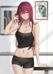 Rule 34 | 1girl, bad id, bad pixiv id, bare shoulders, breasts, cleavage, fate/grand order, fate (series), hair between eyes, hair intakes, hand in own hair, highres, large breasts, long hair, looking at viewer, purple hair, red eyes, rifu (643763873), scathach (fate), solo, thighs