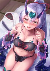 Rule 34 | 1girl, alternate costume, bare shoulders, black fundoshi, blush, breasts, chinese clothes, unworn clothes, collarbone, cosplay, detached sleeves, dudou, fate/grand order, fate (series), fundoshi, hair between eyes, hair ornament, hair ribbon, headpiece, heart, heart hair ornament, horns, japanese clothes, large breasts, oni horns, open mouth, ponytail, red eyes, red ribbon, revealing clothes, ribbon, saboten teishoku, seiza, shuten douji (fate/grand order), shuten douji (halloween caster) (fate), shuten douji (halloween caster) (fate) (cosplay), silver hair, sitting, solo, tomoe gozen (fate)