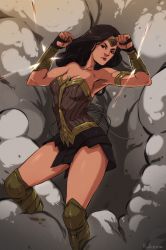 Rule 34 | 1girl, amazon warrior, armor, black hair, circlet, dawn of justice, dc comics, dccu, highres, lasso, pteruges, smoke, solo, strapless, vambraces, wonder woman, wonder woman (series)