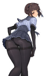 Rule 34 | 1girl, ass, black bodysuit, black headband, black neckerchief, black pantyhose, black sailor collar, black skirt, bodysuit, brown hair, clothes writing, feet out of frame, from behind, hachimaki, hair flaps, hatsuzuki (kancolle), headband, highres, kantai collection, leaning forward, looking at viewer, looking back, neckerchief, oweee, pantyhose, pleated skirt, red eyes, sailor collar, short hair, simple background, skirt, solo, thighband pantyhose, white background