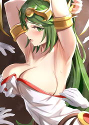 Rule 34 | 1girl, alternate breast size, armpits, bare shoulders, blush, grabbing another&#039;s breast, breasts, cleavage, dress, grabbing, green eyes, green hair, groping, huge breasts, jewelry, kid icarus, kid icarus uprising, laurel crown, long hair, looking at viewer, molestation, nintendo, open mouth, palutena, smile, solo focus, strapless, strapless dress, tiara, tomas (kaosu22), very long hair