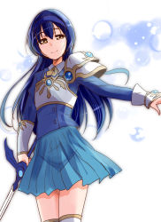 Rule 34 | 1girl, armor, birthday, blue hair, brown eyes, commentary request, cosplay, hairband, highres, long hair, long sleeves, looking at viewer, love live!, love live! school idol project, magic knight rayearth, miniskirt, name connection, ryuuzaki umi, ryuuzaki umi (cosplay), school uniform, sidelocks, skirt, solo, sonoda umi, sword, urutsu sahari, weapon