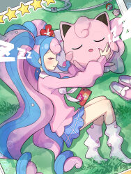 Rule 34 | 1girl, absurdres, blue hair, blue skirt, blush, cellphone, closed eyes, closed mouth, commentary, creatures (company), crossover, eyelashes, fairy miku (project voltage), from above, game freak, gen 1 pokemon, grass, hatsune miku, highres, holding, holding pokemon, jigglypuff, long hair, loose socks, lying, multicolored hair, nintendo, on side, phone, pink footwear, pink hair, pink sweater, pokemon, pokemon (creature), project voltage, shoes, unworn shoes, shun illustbscr, skirt, sleeping, smile, socks, star (symbol), sweater, twintails, two-tone hair, vocaloid, white socks, zzz