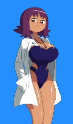 Rule 34 | 1girl, blue background, blush, breasts, brown eyes, cleavage, creatures (company), curvy, dark-skinned female, dark skin, game freak, hands on own hips, highres, lab coat, large breasts, looking at viewer, nintendo, one-piece swimsuit, philena ivy, pokemon, pokemon (anime), pokemon (classic anime), purple hair, shiny skin, simple background, smile, solo, strapless, strapless one-piece swimsuit, swimsuit, tan, wide hips, yuta agc