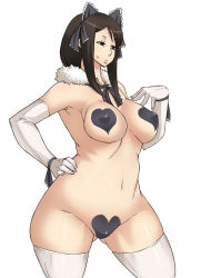 Rule 34 | 1girl, black hair, breasts, curvy, elbow gloves, enoshima iki, gloves, hand on own hip, heart, heart maebari, heart pasties, hip focus, large breasts, lips, maebari, original, pasties, plump, simple background, solo, sweatdrop, thick thighs, thighhighs, thighs, white background, wide hips