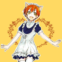 Rule 34 | 10s, 1girl, animal ears, cat ears, hoshizora rin, kemonomimi mode, looking at viewer, love live!, love live! school idol festival, love live! school idol project, maid headdress, open mouth, short hair, smile, suganemui, thighhighs, white thighhighs
