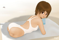Rule 34 | 1girl, 3d, acerbi, amputee, beach, brown eyes, brown hair, crab, limbless, looking at viewer, one-piece swimsuit, outdoors, quadruple amputee, short hair, solo, swimsuit