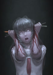 Rule 34 | 1girl, absurdres, blood, copyright request, creepy, dying, empty eyes, highres, ioio ontop, long hair, open mouth, pencil, school uniform, solo, suicide