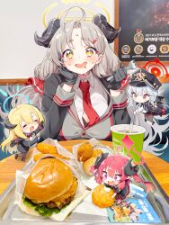 Rule 34 | + +, 4girls, absurdres, ahoge, akari (blue archive), black gloves, black headwear, black necktie, blonde hair, blue archive, blush, braid, breasts, burger, cleavage, closed eyes, cup, demon horns, disposable cup, drinking straw, drooling, food, fork, gloves, grey hair, hair between eyes, halo, haruna (blue archive), hat, highres, holding, holding fork, horns, izumi (blue archive), jacket, junko (blue archive), kunikune, large breasts, long hair, long sleeves, looking at viewer, mouth drool, multiple girls, necktie, open mouth, orange eyes, photo background, pointy ears, red hair, red necktie, side braid, single wing, sweat, twintails, wings