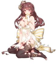 Rule 34 | 1girl, ark order, back bow, blush, bow, breasts, brown eyes, brown hair, brown thighhighs, covering own mouth, cuisine dimension, dress, fish hair ornament, food, food on body, food on breasts, full body, gloves, hair ornament, large breasts, long hair, looking at viewer, official art, panties, print thighhighs, ronopu, scale print, scales, sitting, sleeveless, sleeveless dress, smile, solo, tachi-e, taiyaki, taiyaki (cuisine dimension), thighhighs, torn clothes, torn thighhighs, transparent background, underwear, wagashi, white dress, white gloves, white panties, yellow bow, yellow footwear, yokozuwari