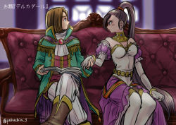 Rule 34 | 1boy, 1girl, bare shoulders, blue eyes, blush, book, boots, breasts, brown footwear, brown hair, coat, commentary request, couch, detached sleeves, dragon quest, dragon quest xi, dress, earrings, elbow gloves, gloves, green coat, hair ornament, hair scrunchie, hero (dq11), high ponytail, highres, holding, holding book, holding hands, jewelry, large breasts, long hair, looking at another, martina (dq11), on couch, orange scrunchie, pants, pekuchin (pekuchin 3), ponytail, purple dress, purple eyes, purple hair, red shirt, scrunchie, shirt, short sleeves, sitting, thighhighs, translation request, twitter username, very long hair, white dress, white gloves, white pants, white thighhighs