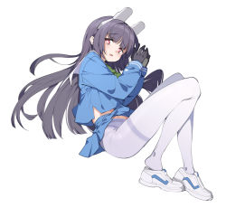 Rule 34 | 1girl, animal ears, black gloves, black hair, blue archive, blue shirt, blue skirt, brown eyes, clothes lift, deatheach, fake animal ears, female focus, full body, gloves, grey pantyhose, highres, legs, long hair, looking at viewer, lying, miyu (blue archive), on side, open mouth, own hands together, panties, panties under pantyhose, pantyhose, rabbit ears, school uniform, serafuku, shirt, shoes, simple background, skirt, skirt lift, solo, thighband pantyhose, thighs, underwear, white footwear, white panties